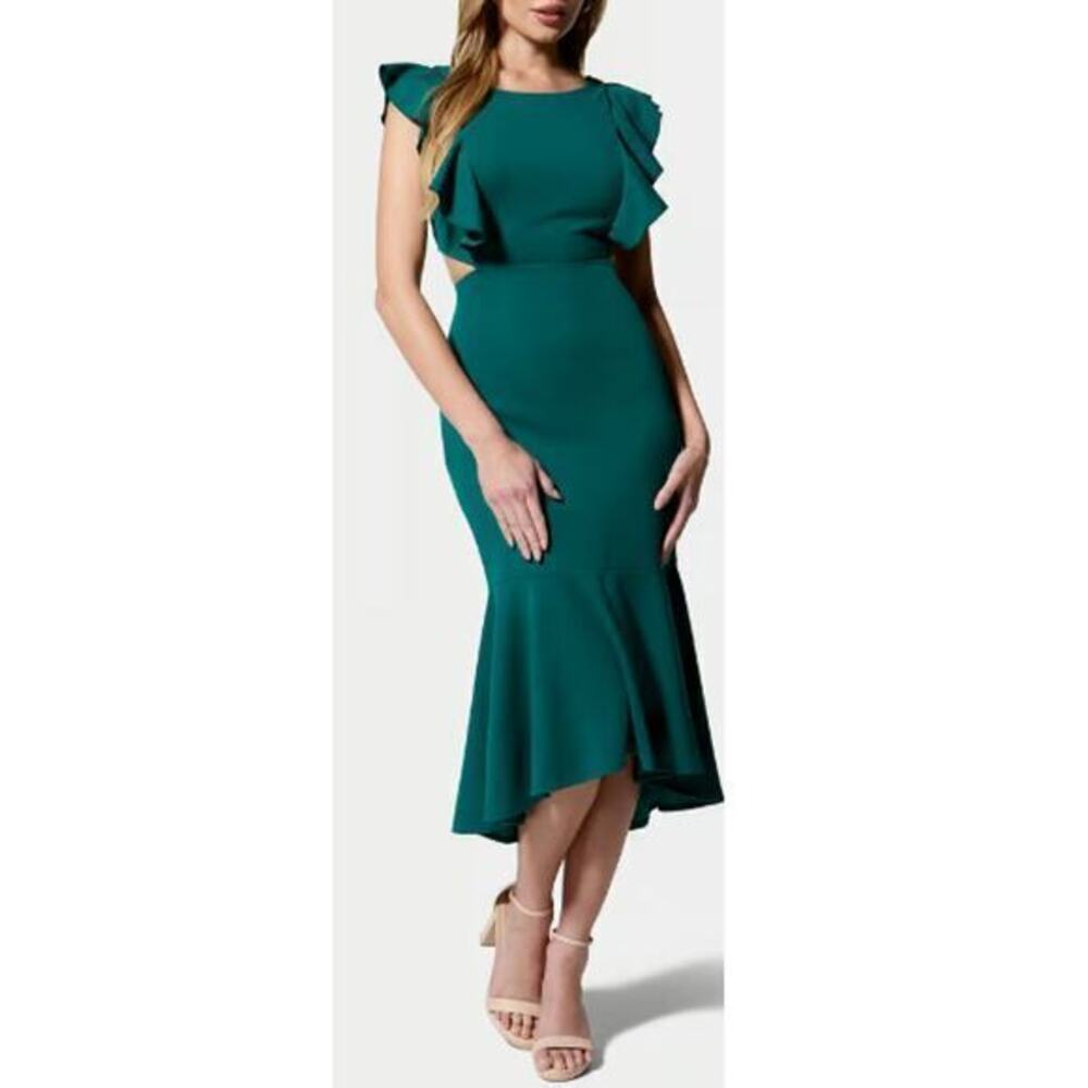 Bebe Women's Evergreen Flutter Sleeve Open Back Ruffle Midi Sheath Dress Size XL